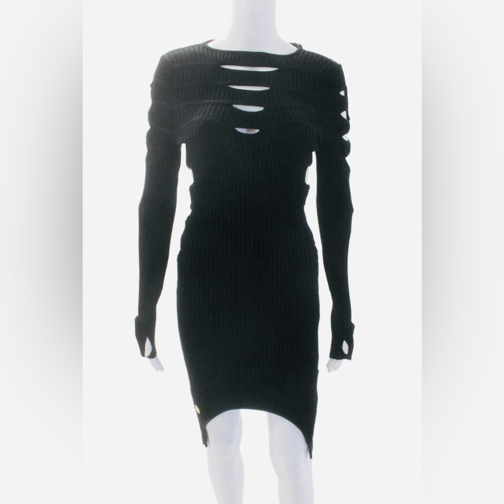 Phillip Plein Womens Black Ribbed Long Sleeves Cut Out Sweater Dress Size S